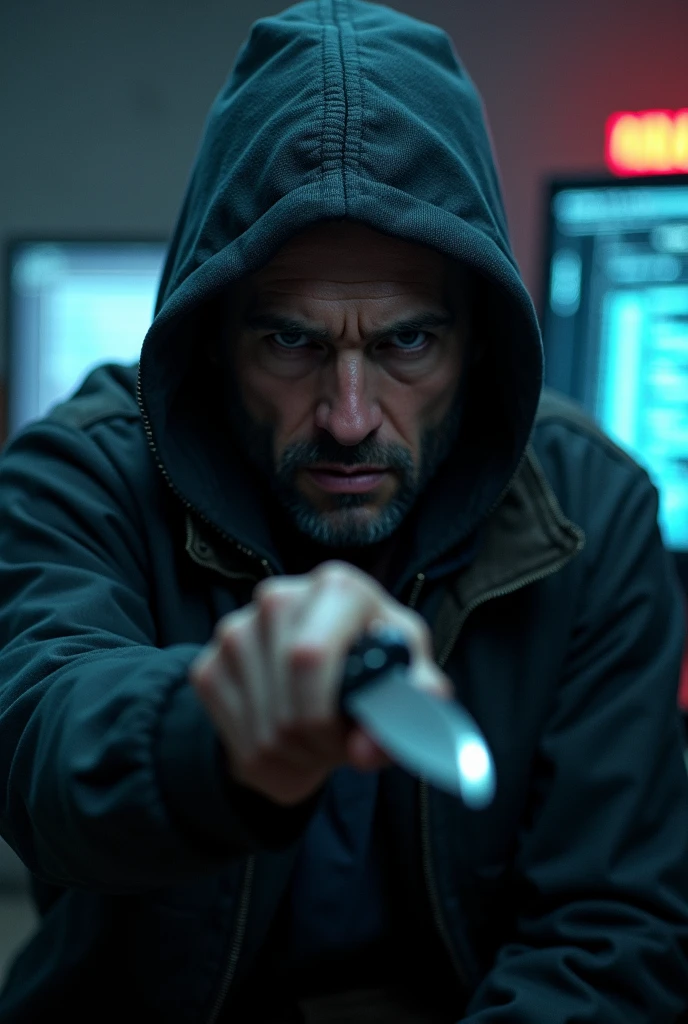 A hacker man holding a knife