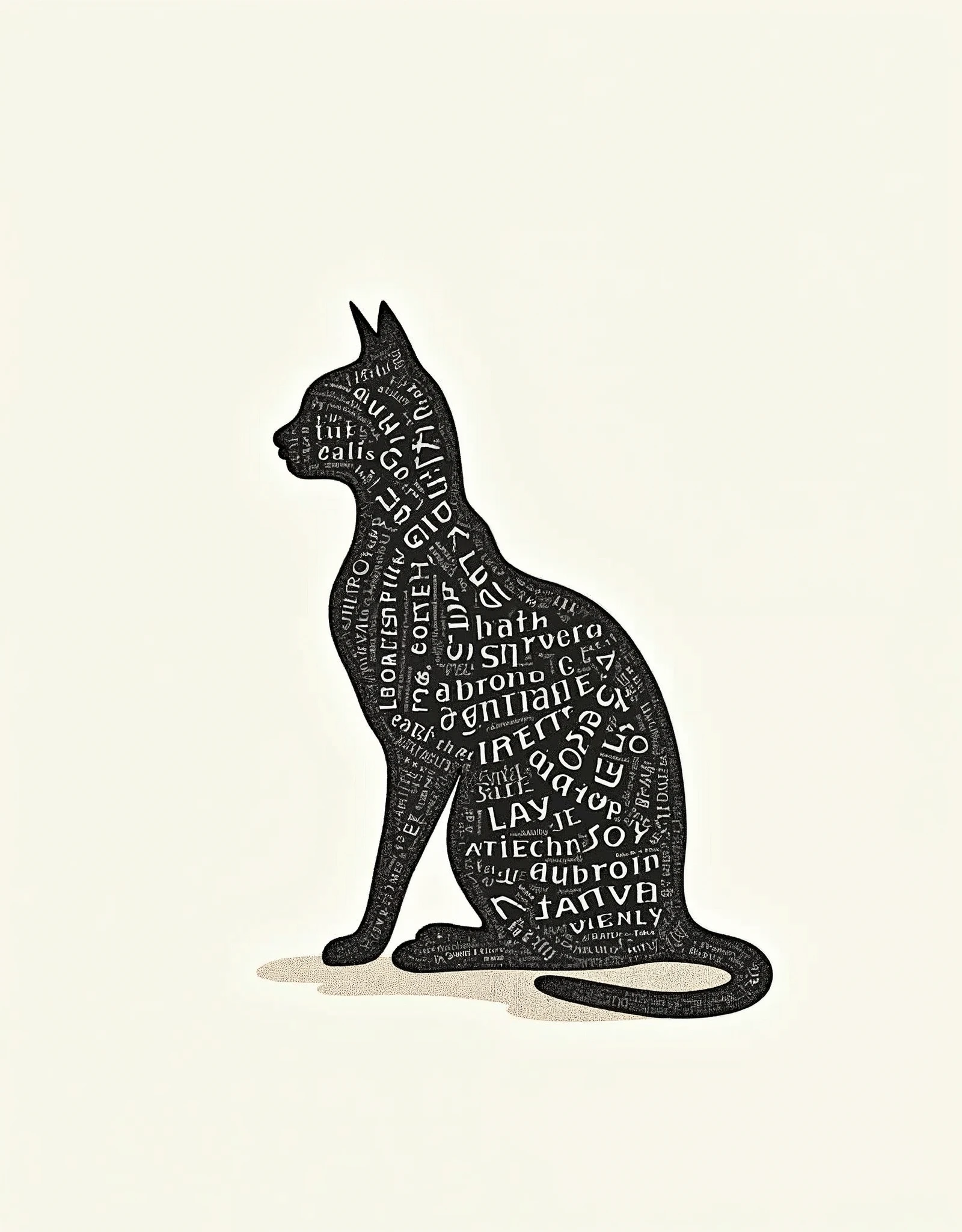 タイポグラフィ要素から作成されたシュールなCatのシルエット、Minimalist typography poster、テキストで形成された抽象的なCatの形、Catの姿を作成する複雑なテキスト パターン、カリグラフィ文字で構成されたエレガントなCatのシルエット、連結した単語で作成された繊細なCatのアウトライン、Catの形をしたタイポグラフィ アート、重なり合うテキストで形成されたダイナミックなCatの形、タイポグラフィのストロークで作られた洗練されたCatのデザイン、text_Cat