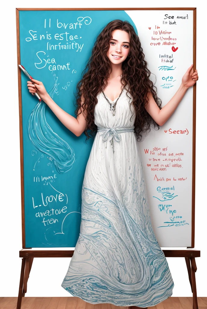 Beautiful girl with wavy long hair, bohemian dress, holding a white board with text "I Love Seaart Infinity" and showing it to the viewer