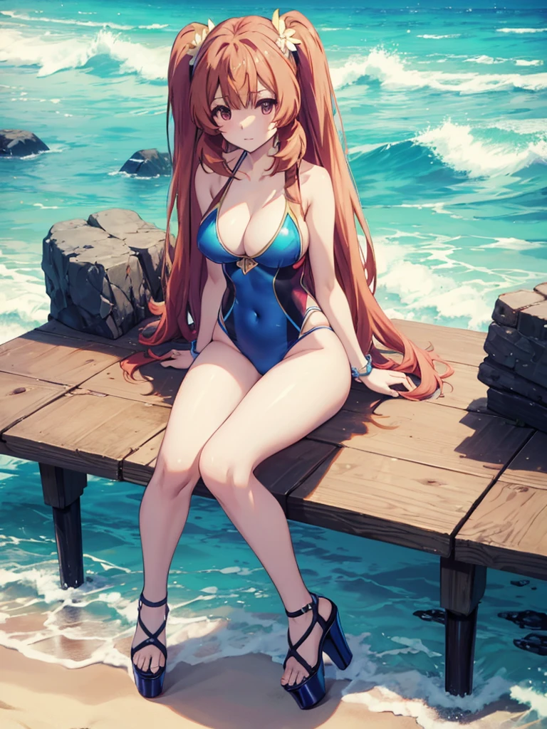 Raphtalia in blue swimsuit and sexy open toe platform high heels on the beach