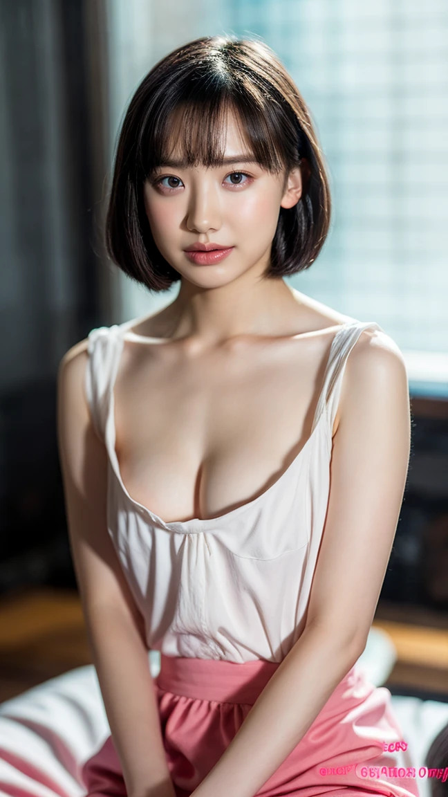 (girl1人, girl, Full body portrait, Large Breasts, Short Bob Hair, Upper body naked, Nipples, White panties), Fair-skinned, shiny thin lips, skinny, Body Type, Delicate and sexy collarbone, Highest quality, RAW Photos, Realistic, face, 信じられないほど美しいgirl, cute, Depth of written border, High resolution, 超detailed, detailed, Very detailed, extremely detailed eye and face, Sharp pupils, Sharp focus, Cinema Lighting