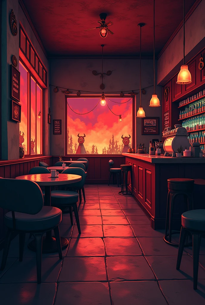Infernal cozy horror empty café interior at hell, with chairs, tables and a bar coctel bar, cartoon animated in hell