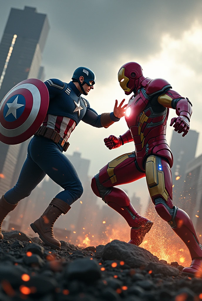 Iron Man fighting hard against Captain America on a very very very very dark night in New York, in the center the large Bayern Munich shield