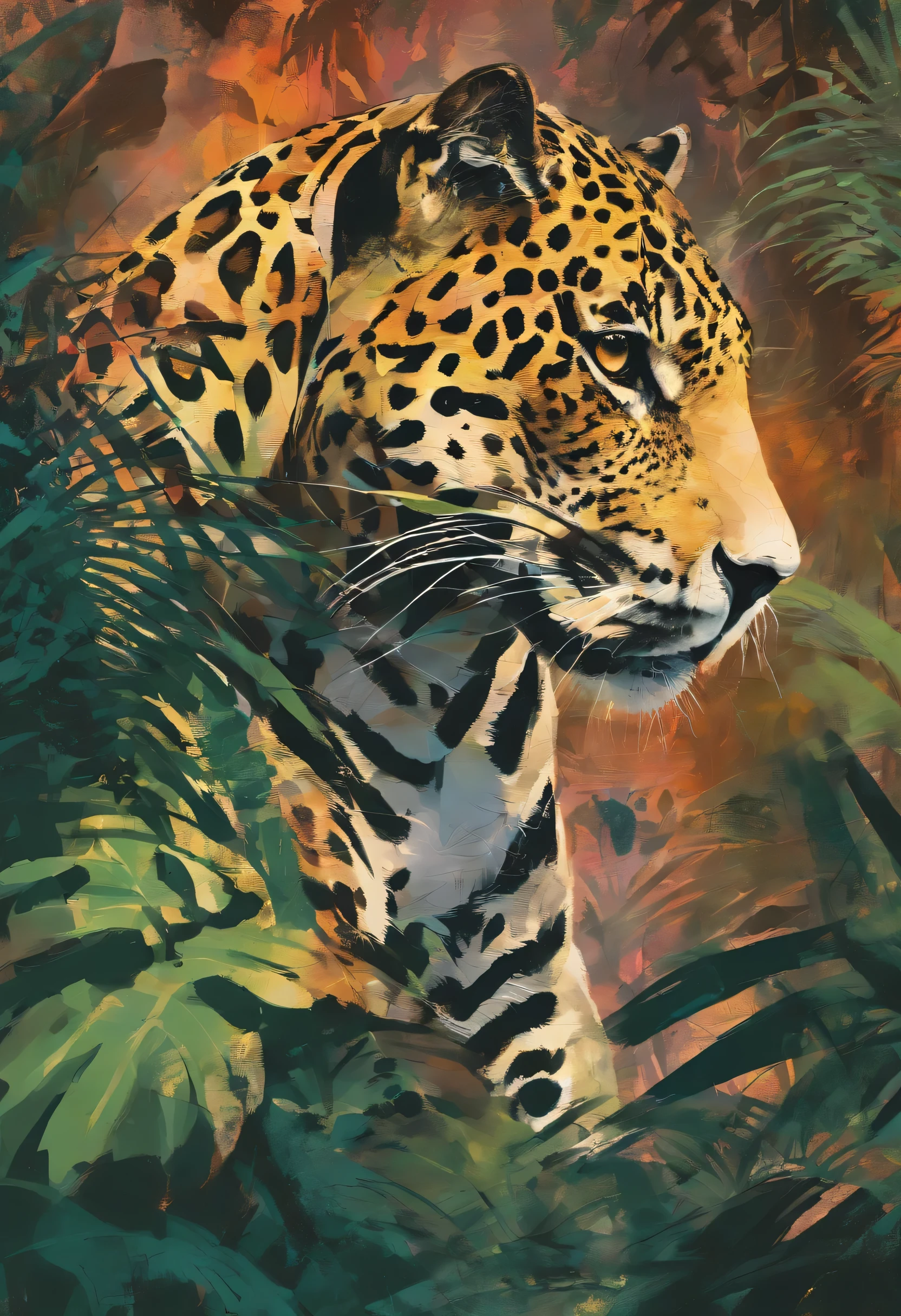 {{Un jaguar en una impactante acuarela expressionista}}. This painting depicts the majestic animal in its jungle environment. The expressionist technique will be used to capture the essence of the jaguar in an abstract and emotional way. The quality of the paint will be exceptional, highlighting the details of the feline and its natural habitat in the jungle.