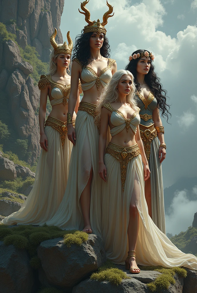 on a wide field, small full body, foot on ground, naked, six females greek with cloak are farming, female greek, painted of rugged zeus and queen hera singing with lia, god of thunder, female greek god, white hair, masculine, mature, handsome, full body, muscular, hairy torso, fantasy, intricate, elegant, highly detailed, digital painting, artstation, concept art, smooth, sharp focus, illustration, art by gaston bussiere and alphonse mucha, almost naked
