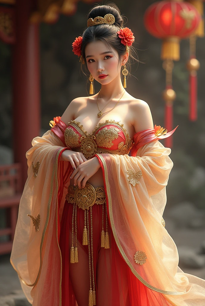 Chinese girl with coins gold , thick body, curvy body, curvy waist, big breast, white skin, gorgeous costumes embroidered with intricate embroidery, exposed breasts, flowing tulle, transparent long colorful ribbons tied on the arms, inspired by chinese movie, showing navel, bare shoulders, bare neck, hair in a high bun with flower hairpins, ribbons on arm rings, wreaths, bracelets, anklets, high heels, metal chain tassels on the waist, Mogao Grottoes art, ink painting, cgstation pop, in the night castle, ((fullbody)), ((super realistic))