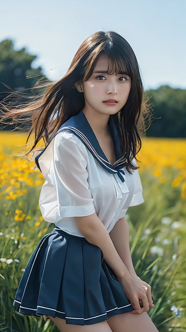 RAW quality, (masterpiece:1.2, Highest quality), (Realistic, photoRealistic:1.4), Beautiful illustrations, (Natural Side Lighting, Cinema Lighting), ,
(Observe the audience), 1 girl, Japanese, high school girl, Perfect Face, Symmetrical cute face, Glowing Skin, ,
(Mid-length hair:1.4, Twin Blade:1.2, Black Hair), Hair between the eyes:1.5, Hair above one eye:1.1, Big eyes, Emerald green eyes, Droopy eyes, Long eyelashes, (Large Breasts:0.6),
Beautiful Hair, Beautiful Face, Fine and beautiful eyes, Beautiful clavicle, Beautiful body, Beautiful breasts, Beautiful thighs, Beautiful legs,
((Symmetrical clothing, High-quality fabric, Cute short-sleeved sailor suit, Pleated skirt, Red bow tie)), Black socks, hair band,
(Beautiful views), Daytime, Flower Field, Modern, (Look forward), (Annoyed expression, Blushing, Embarrassed look), (((Pulling on skirt, Wind Rift))),