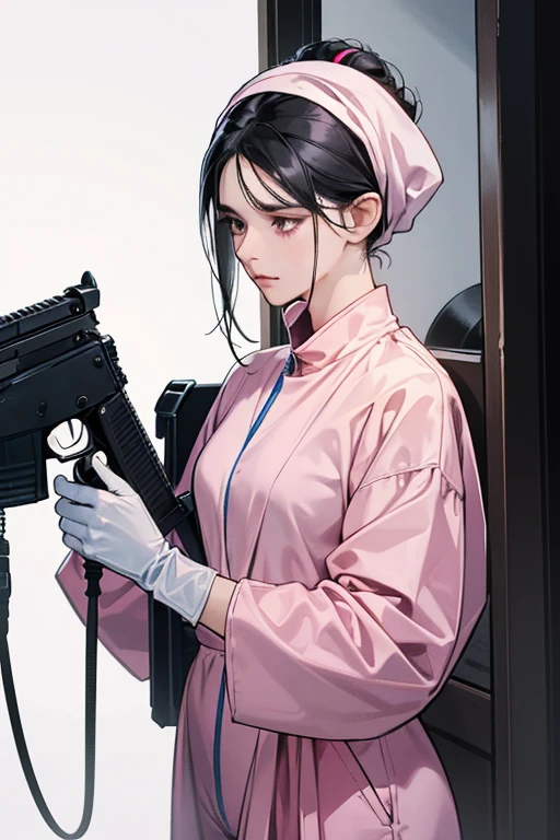 A mature woman with black hair tied up and a sad expression on her face, wearing large pink rubber gloves, a white cloth wrapped around her head, a blue long-sleeved jumpsuit, and holding a submachine gun in the bathroom