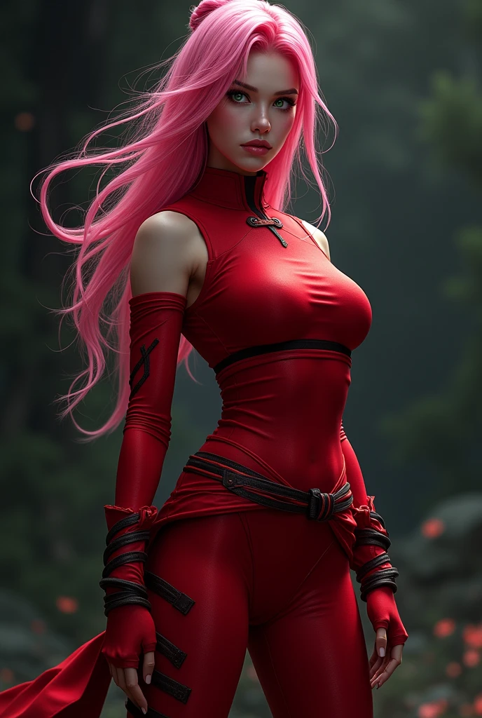Woman with pink hair and green eyes in red ninja clothing