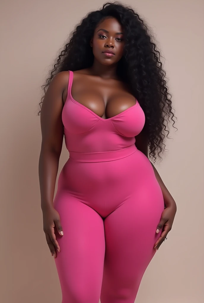 Curved with moderately big hips ebony wearing pink tights facing forward