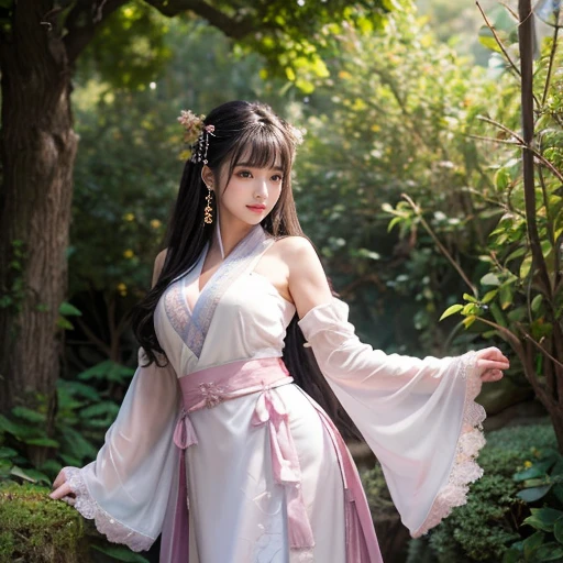 best quality, Delicate face,beautiful visual work, lifelike, eternity, black hair, Long curly hair, blunt bangs, Smile, Detailed Background, Delicate face,blush,cold,((masterpiece))、(top quality)、8k、high detail、Super detailed,21 years old female,身穿唐制Hanfu、waist skirt, Clothes are light and fluffy,Hanfu, wide sleeves, Transparent sleeves, Tunic, Clothes made of chiffon, masterpiece、born、Scenes resembling fairy tale illustrations、intricate details和複雜的設計、Beautifully、magic、capricious、 Beautifully、Dream aesthetics、「𝓡𝓸𝓶𝓪𝓷𝓽𝓲𝓬、ethereal、charming、fickle、magic」、realism、Visual effects、FXAA、SSAO、Shader、voiceless、ambient lighting、Tone mapping、High resolution、Ultra high quality、Million pixels、(8K resolution:1.10)、8k、8k以下、8K resolution、high detail、intricate details, (high quality:1.2、masterpiece:1.2、:1.21)、(21 years old female:1.21)、(興奮地Smile)、(被dream般的氛圍所包圍、Model diagram,full-body shot,Normal 2 feet,Put your hands behind you,The protrusion of the breast is visible when wearing clothes, Large Breasts, H cup chest, antiquity, Xian Xia, gauze clothes, Soft and fluttering, Fairy, dream, fantasy, light, Elegant, nature, Immortal, romantic, classical, ribbon, light purple clothes, In the woods, martial arts drama scene