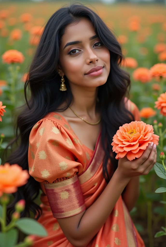 Close-up Shot Photo: A captivating 21-year-old woman with an inverted triangle-shaped body stands with unwavering confidence, her long, wavy black hair cascading down her shoulders. Her allure is accentuated by her attire, which highlights her 42-inch, round, ample bosom. Adorned in a stunning and intricately designed Saree, with a matching blouse featuring voluminous puff sleeves, she kneels gracefully amidst a vibrant and colorful field of wildflowers. Her fingers delicately trace the petals of a full-bloomed flower, her expression reflecting a serene and tr