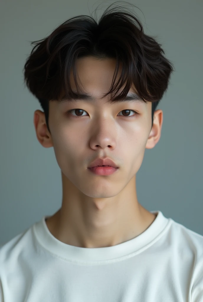 A 16 year old Korean boy real person, dark brown eyes, pink lips A little dark, Brown hair, bushy eyebrows, normal straight nose, SERIOUS LOOK, White clothes 