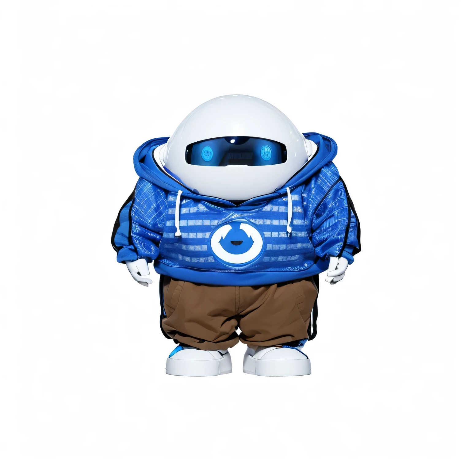 Wearing a blue hoodie、A cartoon drawing of a robot with a logo on it, Imitating the style of Dabai, A technological egg shape,Brown trousers,Full body mascot, toonix characters, Cute humanoid, Mascot illustration, Numeric characters illustration, gentlemen. Halo character design, humanoid character, Pixar's cute character designs, Numeric characters, Cute Pixar characters,