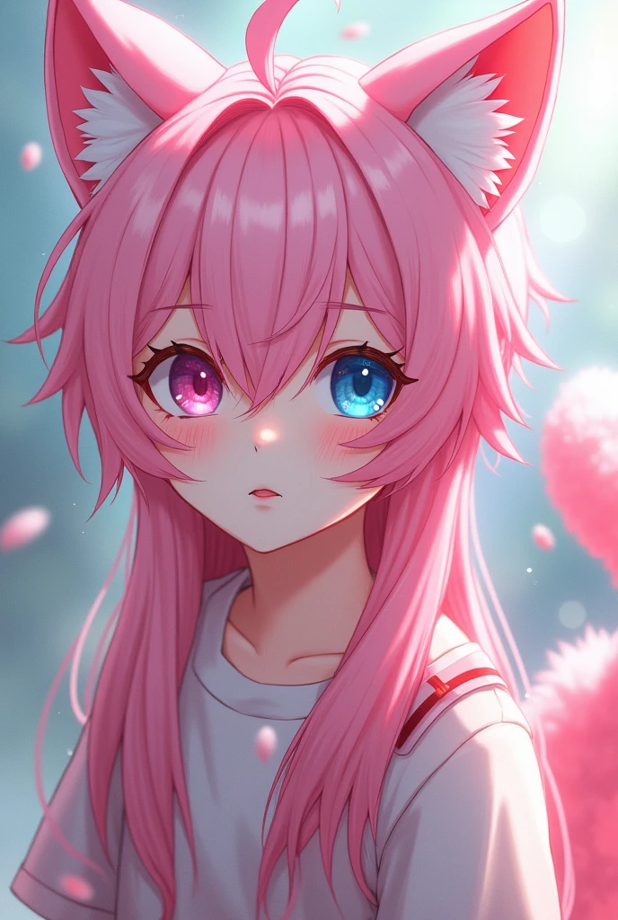 Full screen,Boku no hero academia, teenage Boy with beautiful features, with pink cat ears in his head, with a pink fluffy tail in his back, with pink eyelashes with the right eye pink and the left eye blue, Straight, shoulder-length pink hair , soft white skin, with soft blush and Pink lip.