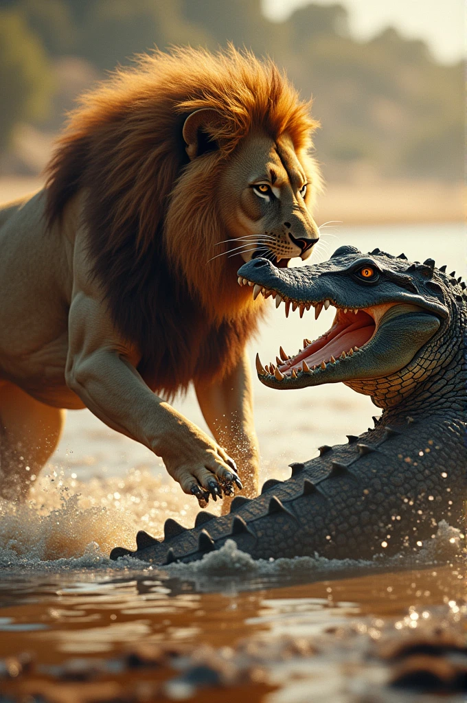 An alligator killing a lion by eating it in the alligator&#39;s mouth 
