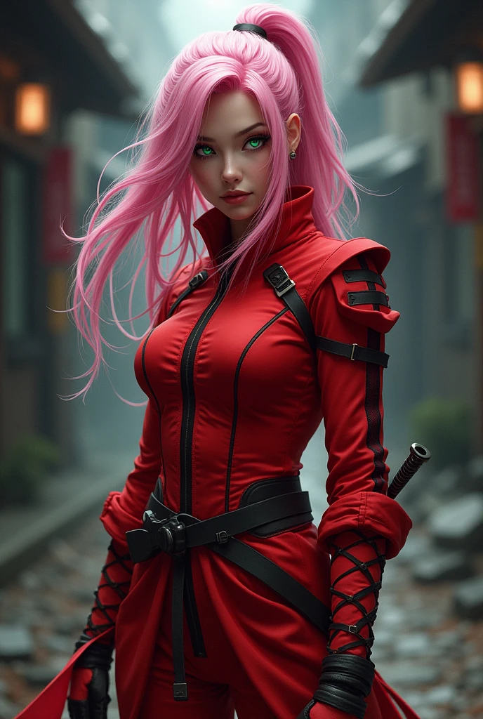 Woman with pastel pink hair and green eyes wearing red ninja clothing