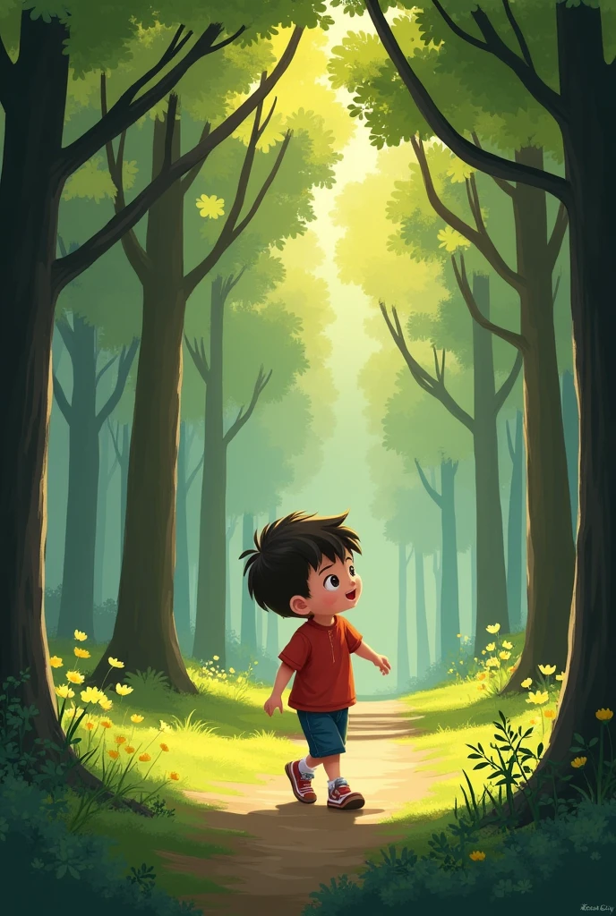 There is a boy playing in the forest., Adorable digital painting, expressing joy. by Krenz Cushart, art at artstation, Happy child, enjoying a walk in the woods, Inspired by Goro Fujita, by Yeong-Hao Han, Jaeyeon Nam, inspired by Yeong-Hao Han, by Kim Eung Hwan