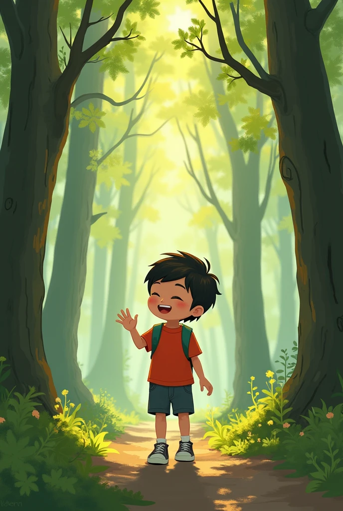 There is a boy playing in the forest., Adorable digital painting, expressing joy. by Krenz Cushart, art at artstation, Happy , enjoying a walk in the woods, Inspired by Goro Fujita, by Yeong-Hao Han, Jaeyeon Nam, inspired by Yeong-Hao Han, by Kim Eung Hwan