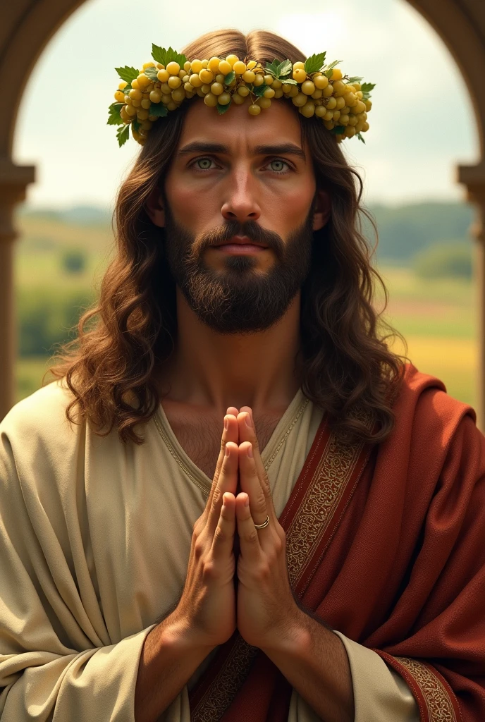 Perfect hand 5 finger, Portrait of a handsome Jesus Christ wearing grapes clothes with crown of king in the ferry, Jesus Christ, real blue eyes, sunny day, intricate details.real Jesus Christ, straight head face, Straight body.Prayer Jesus Christ, perfect full body,  perfect hands finger,Prayer Jesus Christ, praying Jesus Christ backgrounds natural photographic