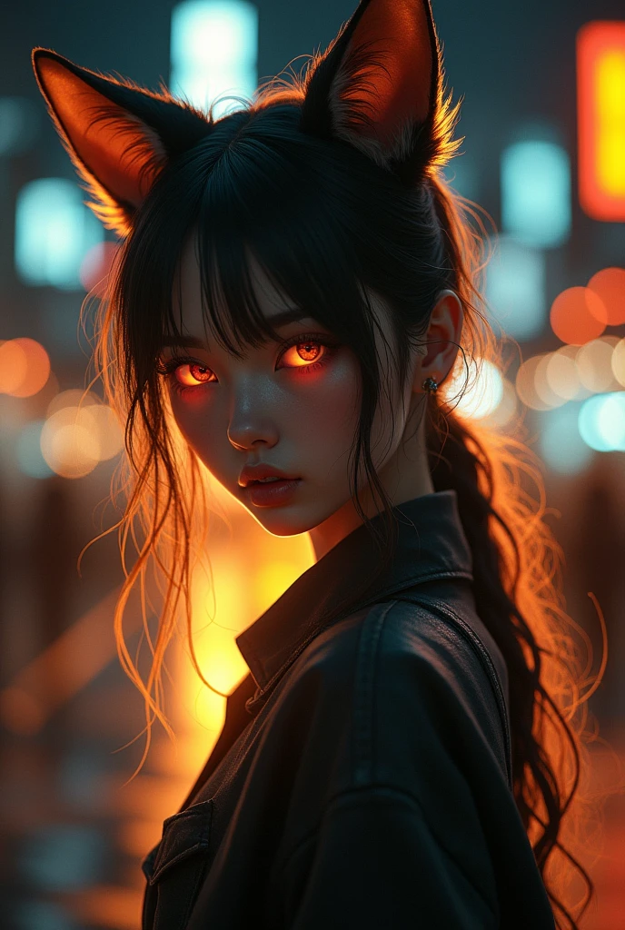 ((Best Quality, 8k, masterpiece: 1.3)), 1 girl, Slim looking like a fox with 9 syrups and with a fiery gold on a dark night with a Japanese city with ambient lights and gloomy lighting focused on the girl and with lus and shadow effects caused by the illuminated aura..