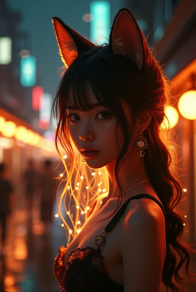 ((Best Quality, 8k, masterpiece: 1.3)), 1 girl, Slim looking like a fox with 9 syrups and with a fiery gold on a dark night with a Japanese city with ambient lights and gloomy lighting focused on the girl and with lus and shadow effects caused by the illuminated aura..