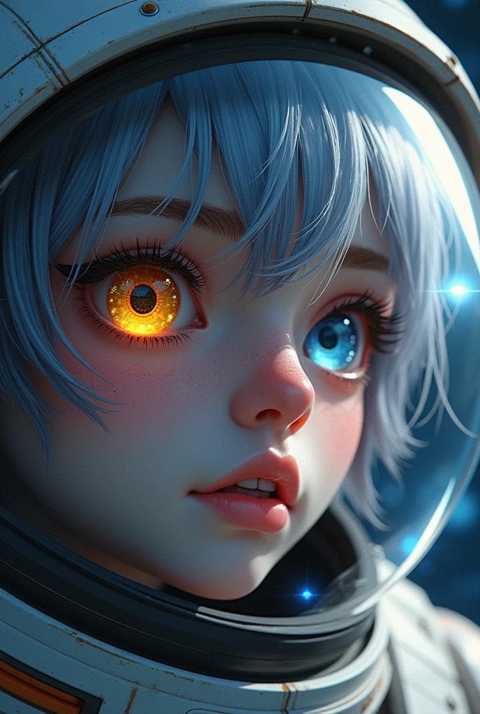 (Close-up of a better masterpiece:1.5)0.9], (Space and astronauts:1.2) (Messy silver hair:1.1) (Heterochromia xanthochromia and blue eyes:1.2) (Space Helmet:1.0) (Colored stars in the eyes:1.0) (A radiant glow:1.1) (thick lips:0.9)boobs big nipple