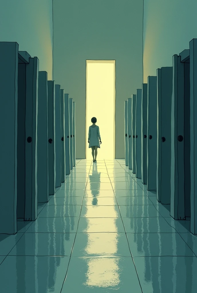 I want you to create an image where it doesn't look like it was made by AI, but it looks more like Photoshop, where you perform Dani Ribba's song, where you allude to the fact that there are a thousand infinite doors and the last one is illuminated (that there is one door after another)
But it looks like Photoshop, keep it simple, make a door after door, that looks like it's infinite, but with a high angle (Only one door should be open and it is the one at the end and that last one should be illuminated.) make it look like a drawing