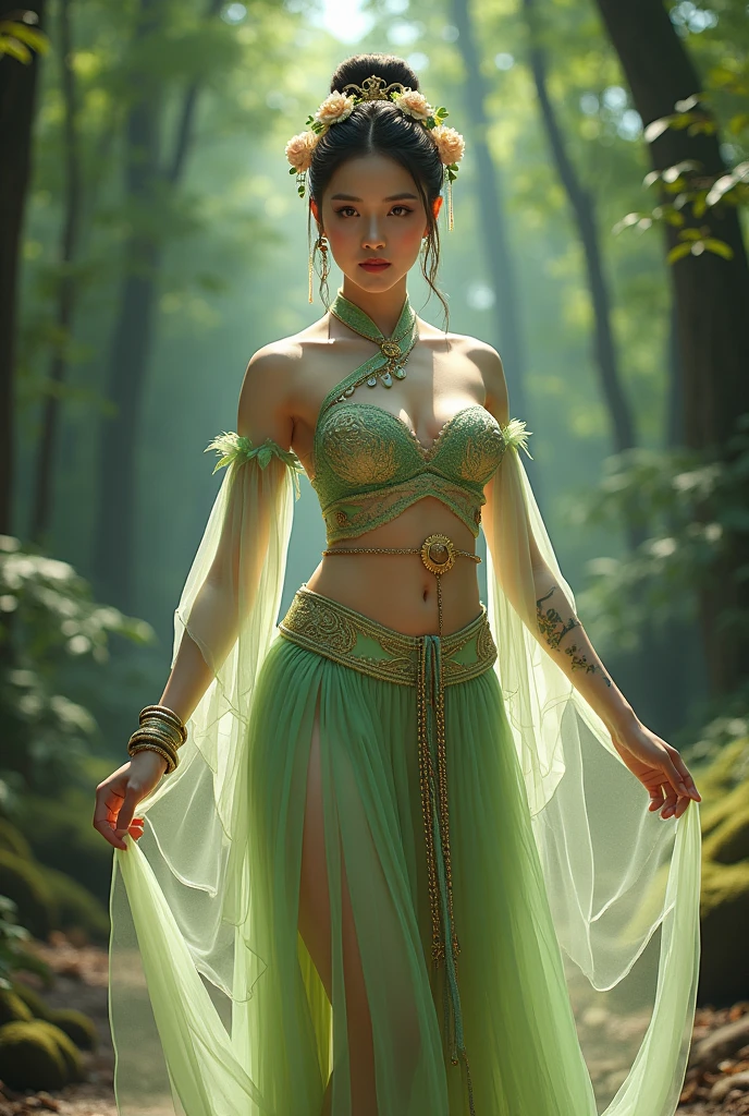 Chinese girl with coins gold , thick body, curvy body, curvy waist, big breast, white skin, gorgeous costumes embroidered with intricate embroidery, exposed breasts, flowing tulle, transparent long colorful ribbons tied on the arms, inspired by chinese movie, showing navel, bare shoulders, bare neck, hair in a high bun with flower hairpins, ribbons on arm rings, wreaths, bracelets, anklets, high heels, metal chain tassels on the waist, Mogao Grottoes art, ink painting, cgstation pop, in the forest, ((fullbody)), ((super realistic)), green, green, green
