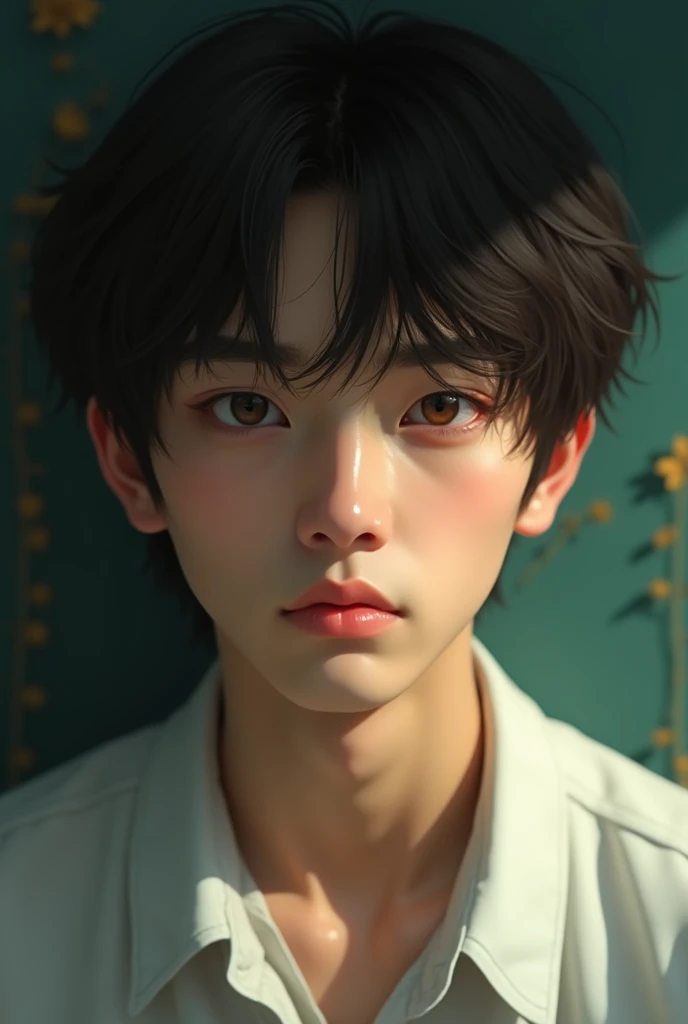 A Korean boy real person, dark brown eyes, pink lips A little dark, Brown hair, bushy eyebrows, normal straight nose, SERIOUS LOOK, White shirt, 1970s style clothing