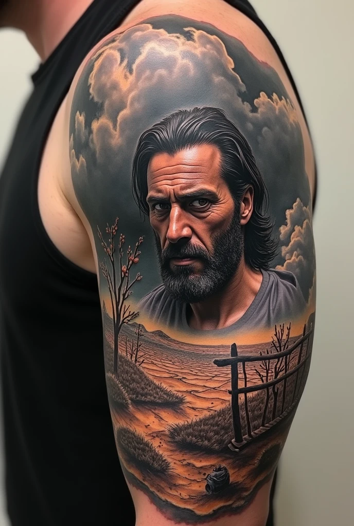 Create a tattoo for the entire left arm minus the hand with the theme of the story of Habakkuk chapter 3 verses 17, 18 with rich details, including characters