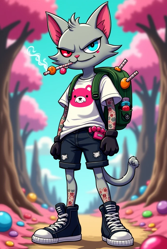 Create a light gray male skinny humanoid punk cat, he has a cut on his eye, the ear has a tear at the tip, wearing a ripped white blouse with a pink teddy bear print, Nike high top sneakers, black gloves with fingers showing, a lollipop holster that carries candy, A long pair of black Bermuda shorts, light blue eyes with red, he has an angry and crazy expression, Ele tem uma cara de nuts, he has some tattoos on his body, wears a black backpack and smokes a cigarette made of candy. The background should be a candy forest, the character HAS A CRAZY FACE, nuts. The art style should be Adventure Time style.