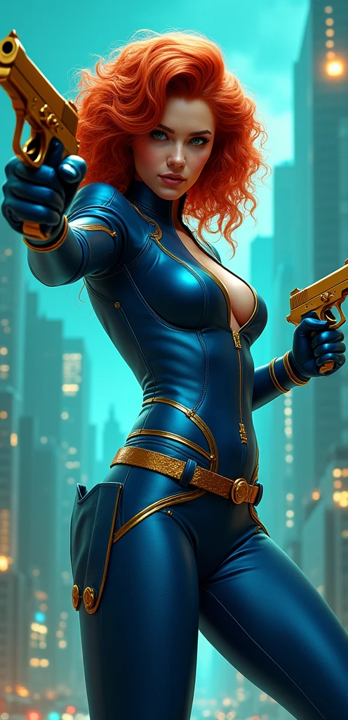 In this fascinating picture, The protagonist exudes confidence and authority, Her curly red hair contrasted beautifully with her sleek blue suit with gold embellishments., Comes with gloves and boots，Gives a sense of unity. She held two pistols tightly in her hands., As she surveyed the dynamic background with a determined gaze，Their metal surfaces and handles gleam in the light.. The colors behind her are brilliant, Mainly blue and green, Increases overall vitality and dynamism, A world reminiscent of a comic book or video game，She plays a powerful superhero there, , Retina, precise, masterpiece, Super Detail, High Detail, best quality, The award-winning, high resolution, HD, 4K, 8K, 16K, Retina, precise, masterpiece, Anatomically correct, Textured Skin, Super Detail, high quality, The award-winning, high resolution, 8K, 16K
