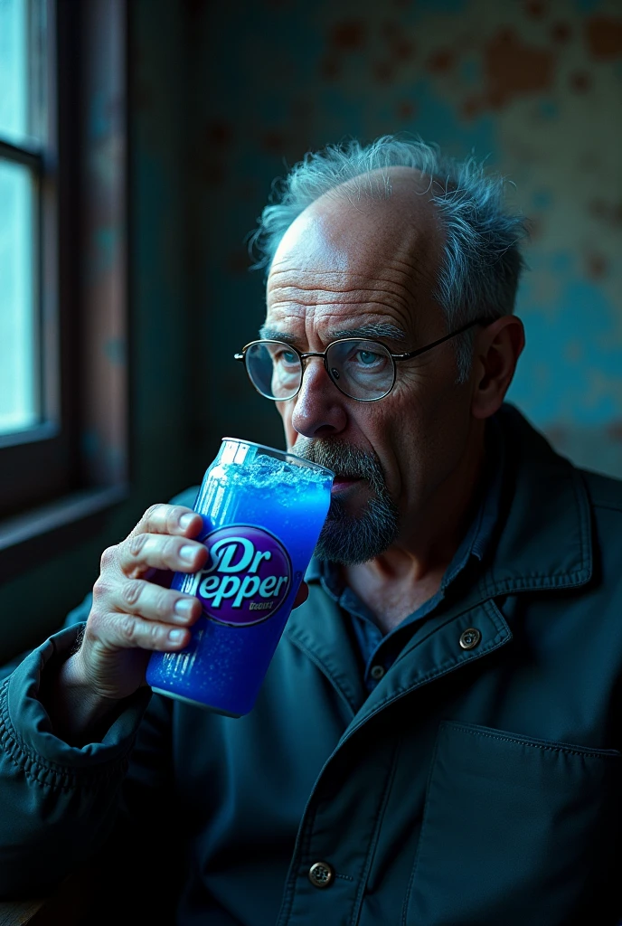 Walter white drinking a Dr drink. Pepper Blue berry