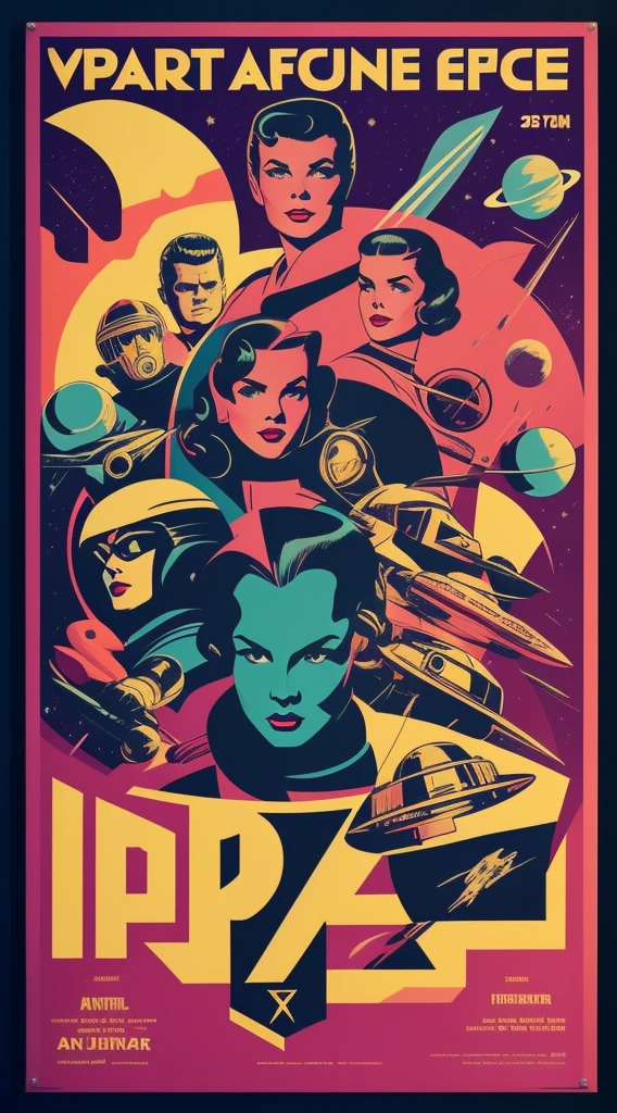 Vector for T-shirt print of a female face style 50's science fiction movies, 60s old movie style image, image with white background, highlighting the stylized image of space films from the 50s and its look, (Typography Poster:1.5)