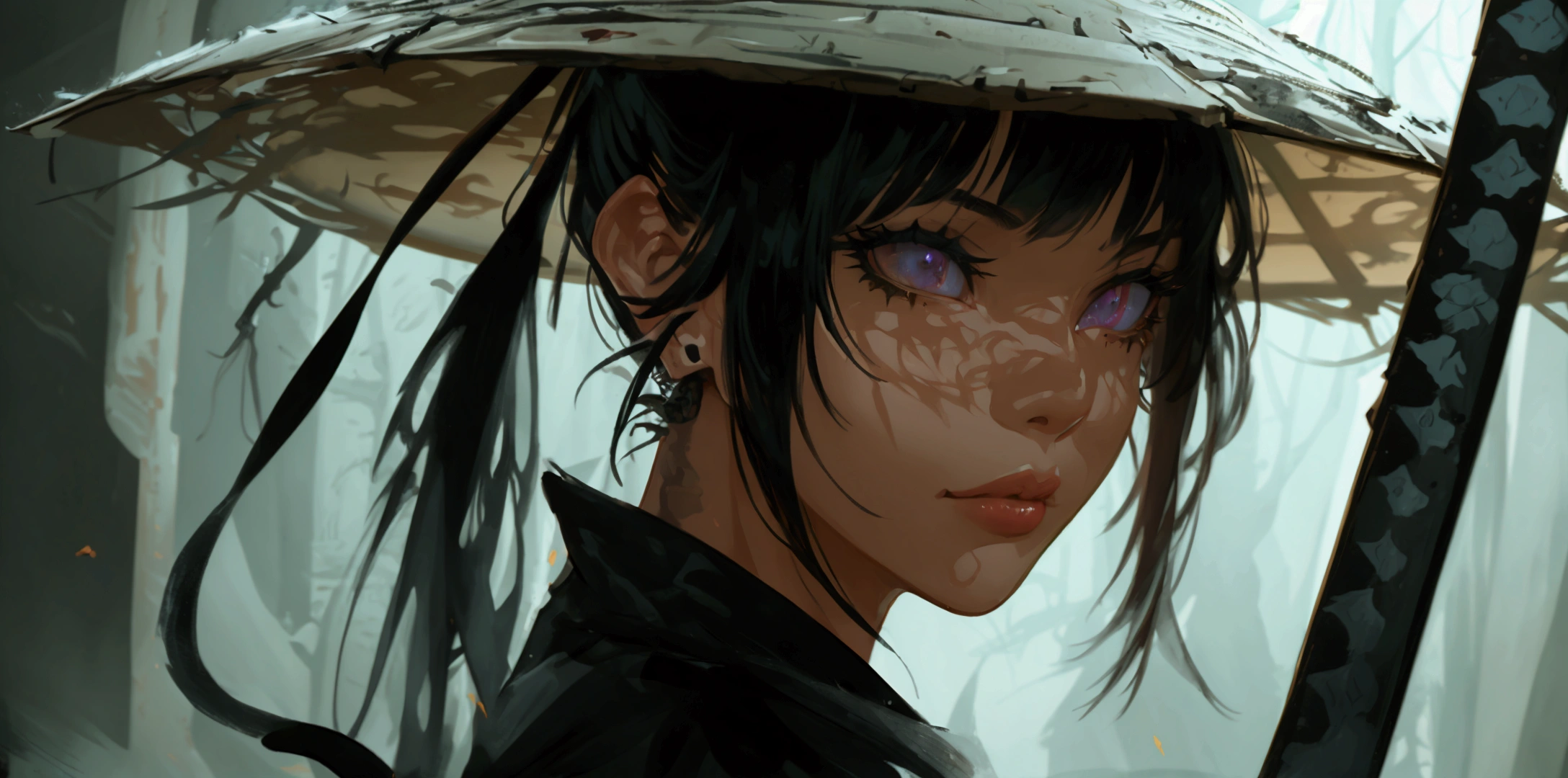 a ninja girl in demon slayer outfit, detailed black cape, heavy detailed clothes, close up, detailed demon slayer background, dark fantasy, (best quality,4k,8k,highres,masterpiece:1.2),ultra-detailed,1girl,beautiful detailed eyes,beautiful detailed lips,extremely detailed eyes and face,longeyelashes,digital painting,oil painting,cinematic lighting,dramatic lighting,moody lighting,dark mood,dramatic contrast,dark fantasy art,highly detailed,hyper realistic,intricate details,gothic,dark colors,muted colors