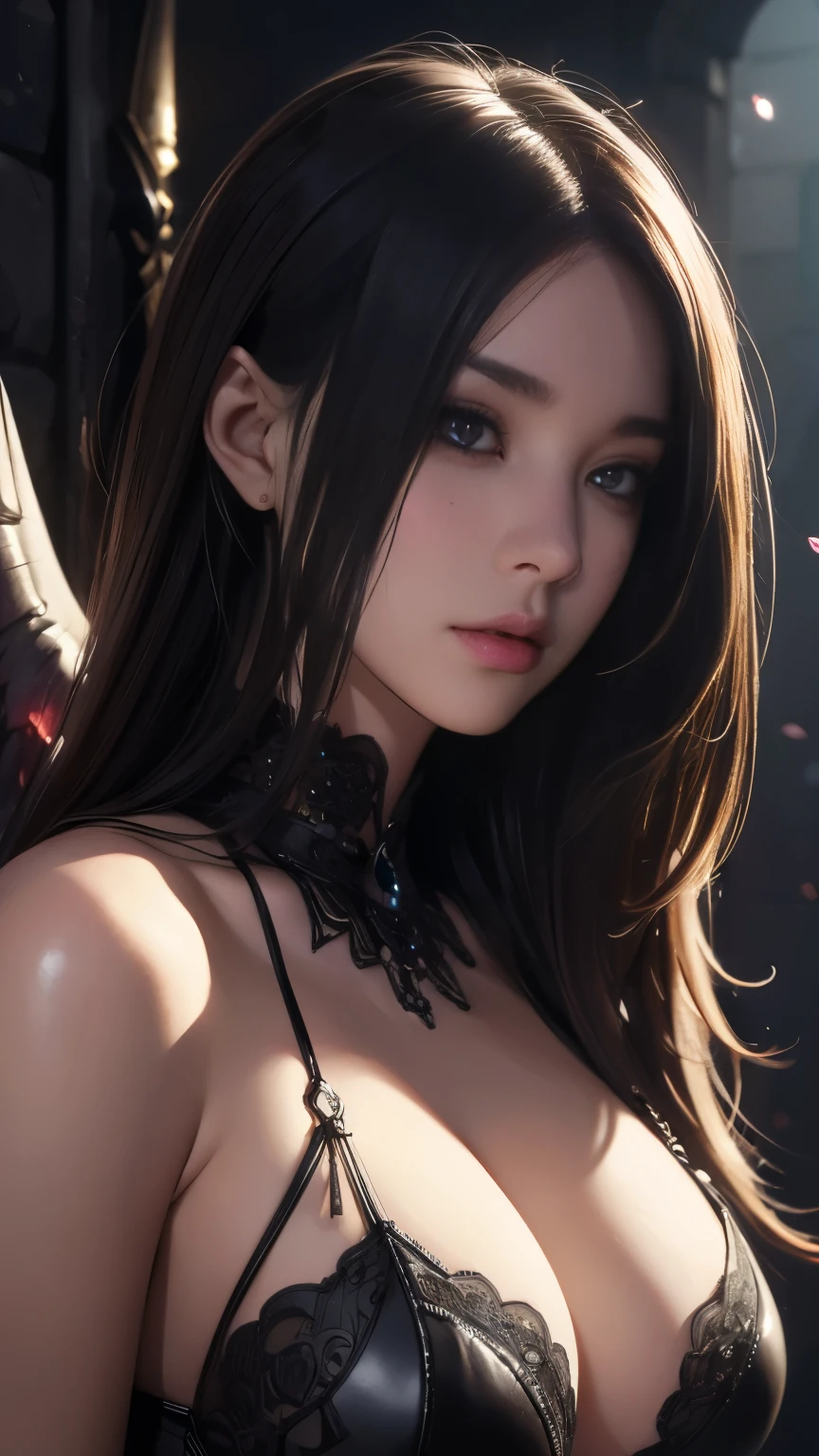 Are you okay、(Best illustrations)、8k resolution、Intricate details、最high quality、Realistic、Ultra-detailed、Best lighting、Best Shadow、Soft lighting、ultrahd、Dungeons and Dragon、Dungeons、Necromancer、night、magic、Dark Style、Succubus、Devil's Daughter、Bat Wings,(((Devil horns)))、((((Black-rimmed round glasses))))、(((Huge boobs)))、Devil's Tail、(Red eyes glow:1.6)、masterpiece、Beautiful Face、Tyndall effect、Photo Real、(High Definition Skins:1.2)、8 time、Digital SLR、high quality、picture、High resolution、 Absurd、Ponytail Distortion、The optimal ratio is four fingers to one thumb、最High resolution、1 girl、hair ornaments、necklace、gem、Beautiful expression、Body Up、big breasts attention、Tight waist、Wide ass、Tyndall effect、Photorealistic、(High Definition Skins:1.2)、