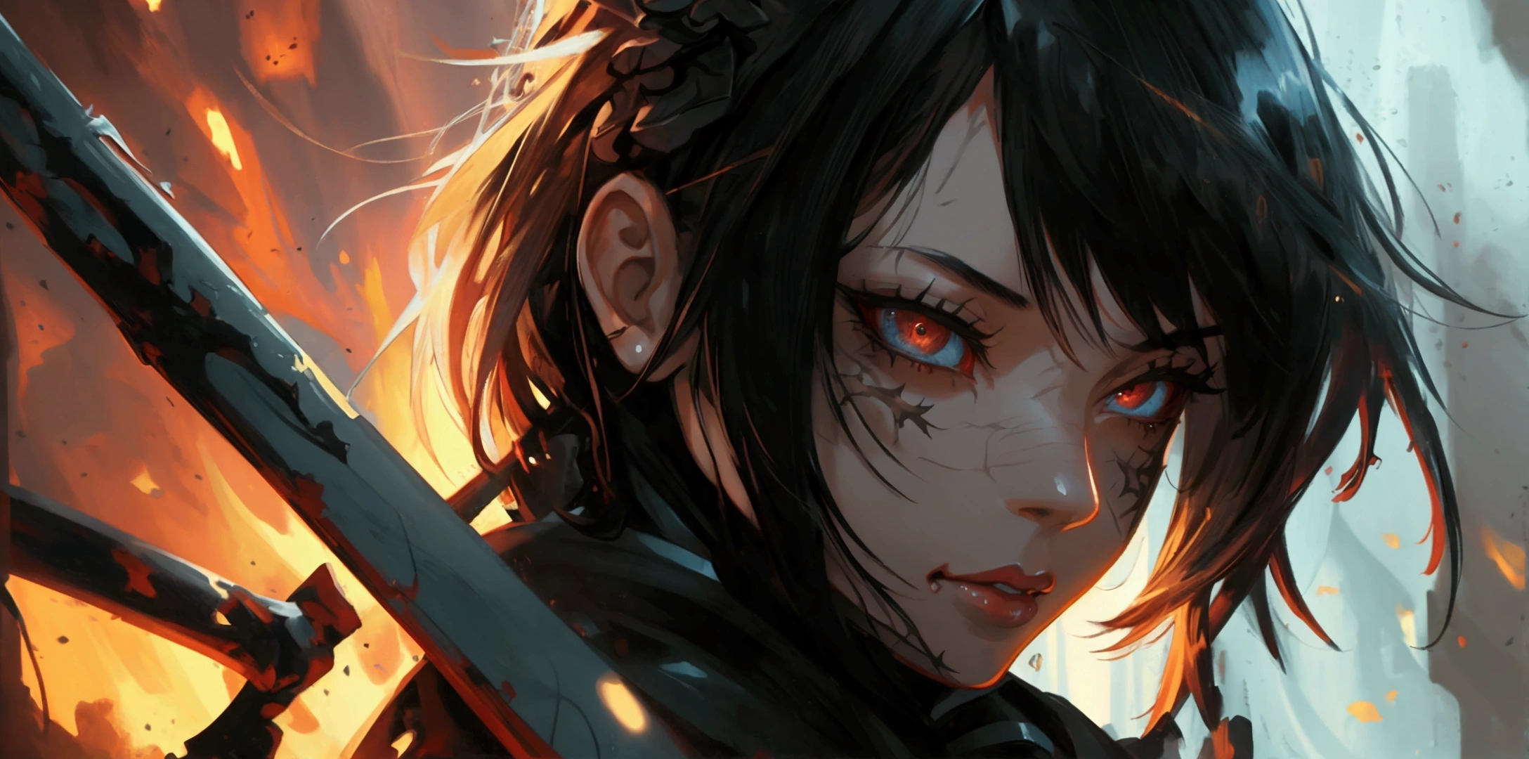 a ninja girl in demon slayer outfit, detailed black cape, heavy detailed clothes, close up, detailed demon slayer background, dark fantasy, (best quality,4k,8k,highres,masterpiece:1.2),ultra-detailed,1girl,beautiful detailed eyes,beautiful detailed lips,extremely detailed eyes and face,longeyelashes,digital painting,oil painting,cinematic lighting,dramatic lighting,moody lighting,dark mood,dramatic contrast,dark fantasy art,highly detailed,hyper realistic,intricate details,gothic,dark colors,muted colors