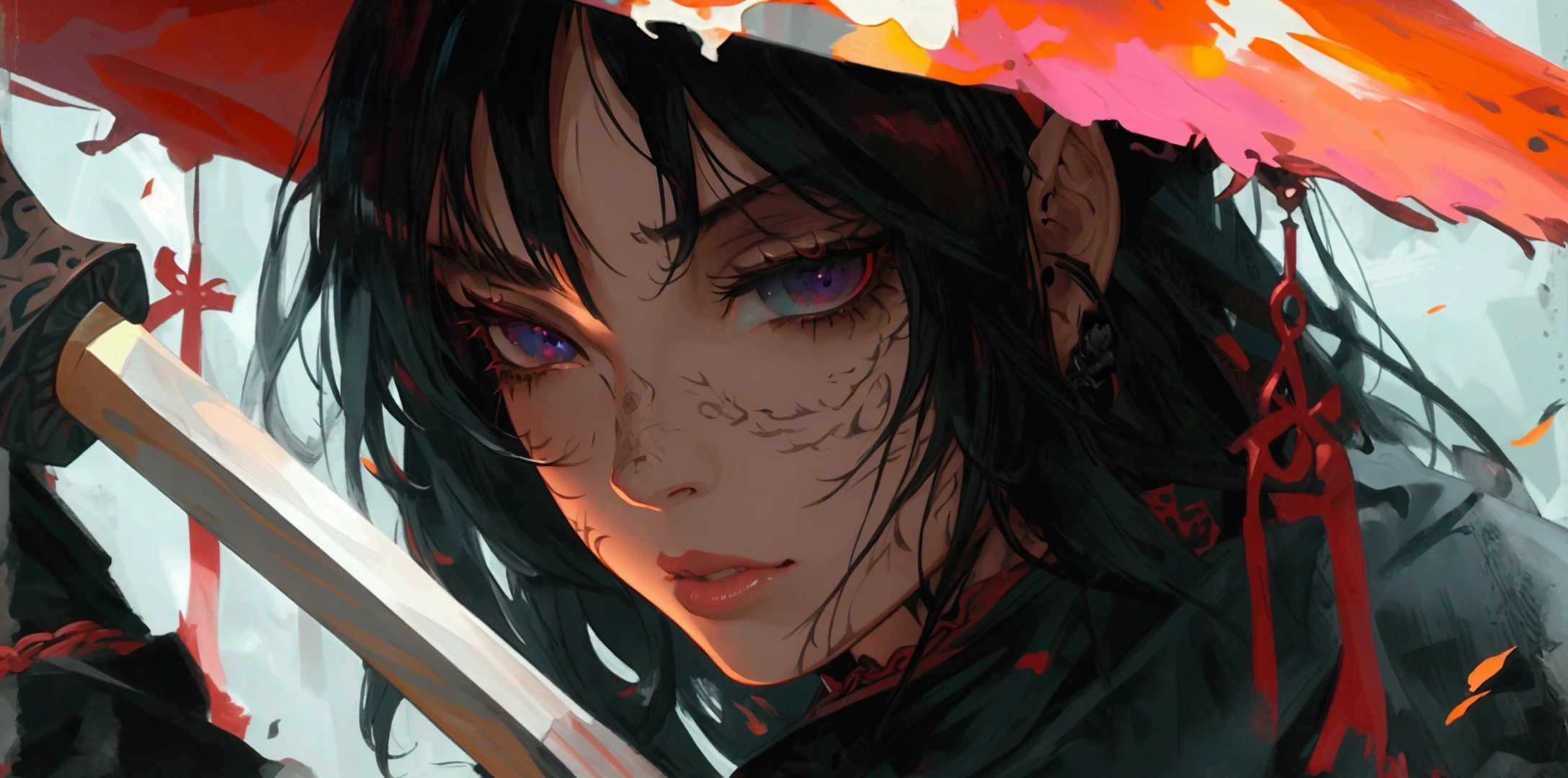 a ninja girl in demon slayer outfit, detailed black cape, heavy detailed clothes, close up, detailed demon slayer background, dark fantasy, (best quality,4k,8k,highres,masterpiece:1.2),ultra-detailed,1girl,beautiful detailed eyes,beautiful detailed lips,extremely detailed eyes and face,longeyelashes,digital painting,oil painting,cinematic lighting,dramatic lighting,moody lighting,dark mood,dramatic contrast,dark fantasy art,highly detailed,hyper realistic,intricate details,gothic,dark colors,muted colors