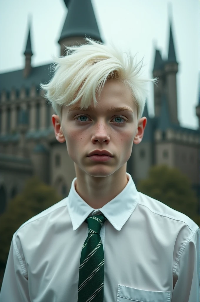 Very handsome 17 year old boy, white-blonde hair and very pale skin, albino, light blue-grey eyes, dressed in white button up shirt and Slytherin tie, background of Hogwarts castle. Detailed realistic lifelike photograph headshot