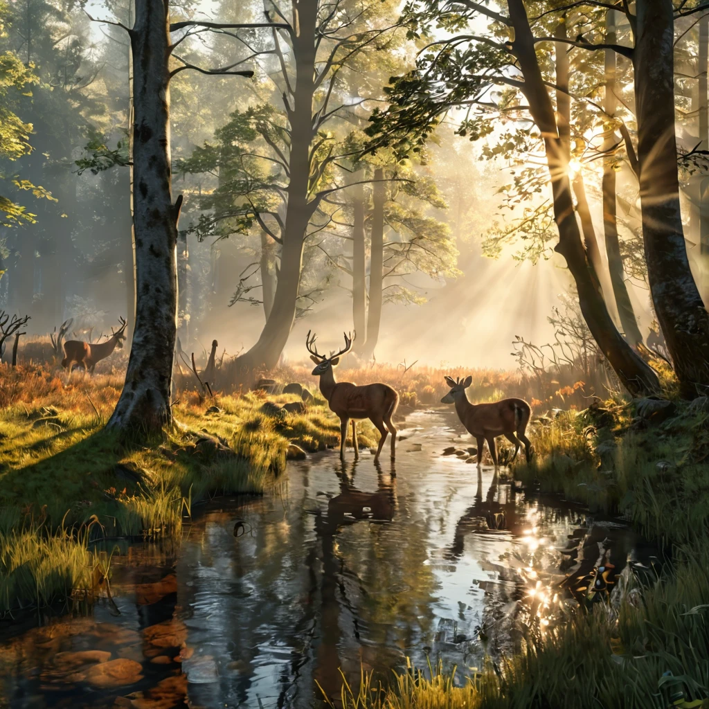 a peaceful forest in the early morning, sunlight piercing through the mist, casting long shadows, a deer quietly drinking from a small stream, the water's reflection clear and detailed, highly detailed, 16k, cinematic lighting, serene atmosphere, dramatic lighting and shadows, hyper-realistic, photorealistic, 8k, HDR, physically-based rendering, studio lighting, sharp focus