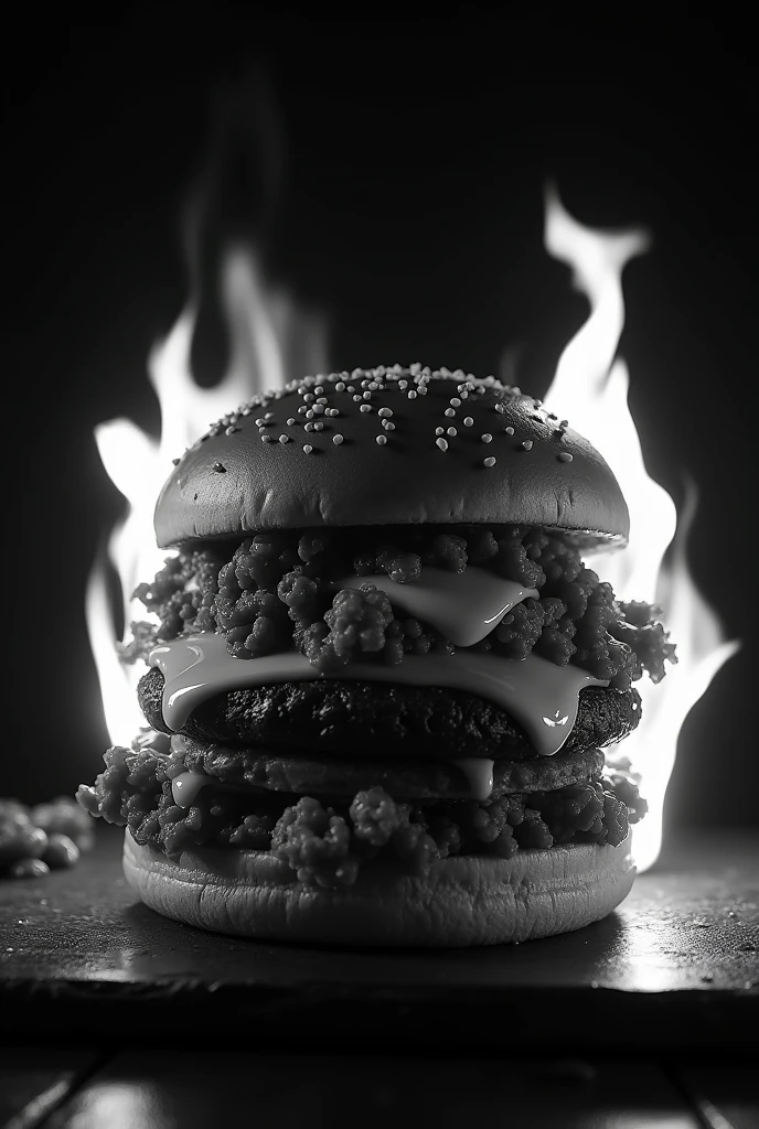 I need a burger with fire on the sides, I need it in black and white