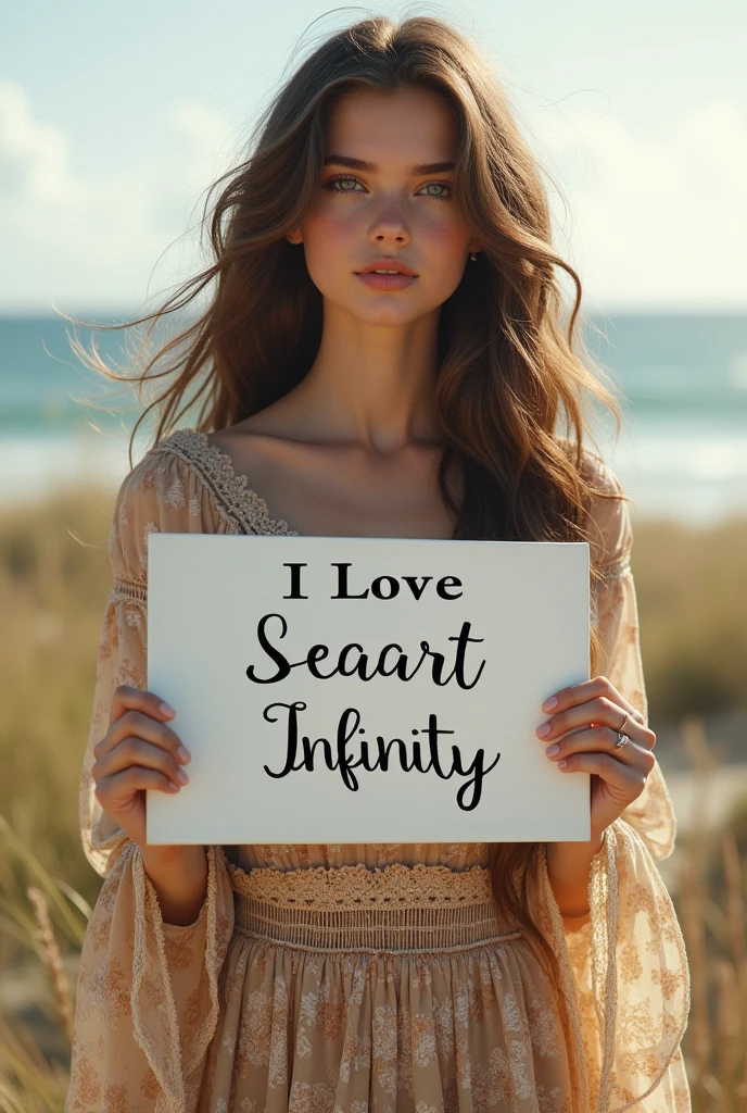 Beautiful girl with wavy long hair, bohemian dress, holding a white board with text "I Love Seaart Infinity" and showing it to the viewer