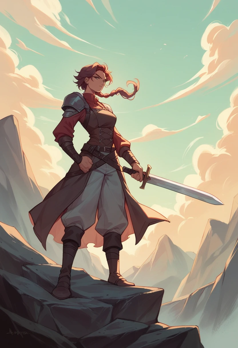 - A valley rich in nature, with rocky cliffs visible - A girl holding a sword - Around 15 years old - She is equipped - Fog is visible - An RPG world