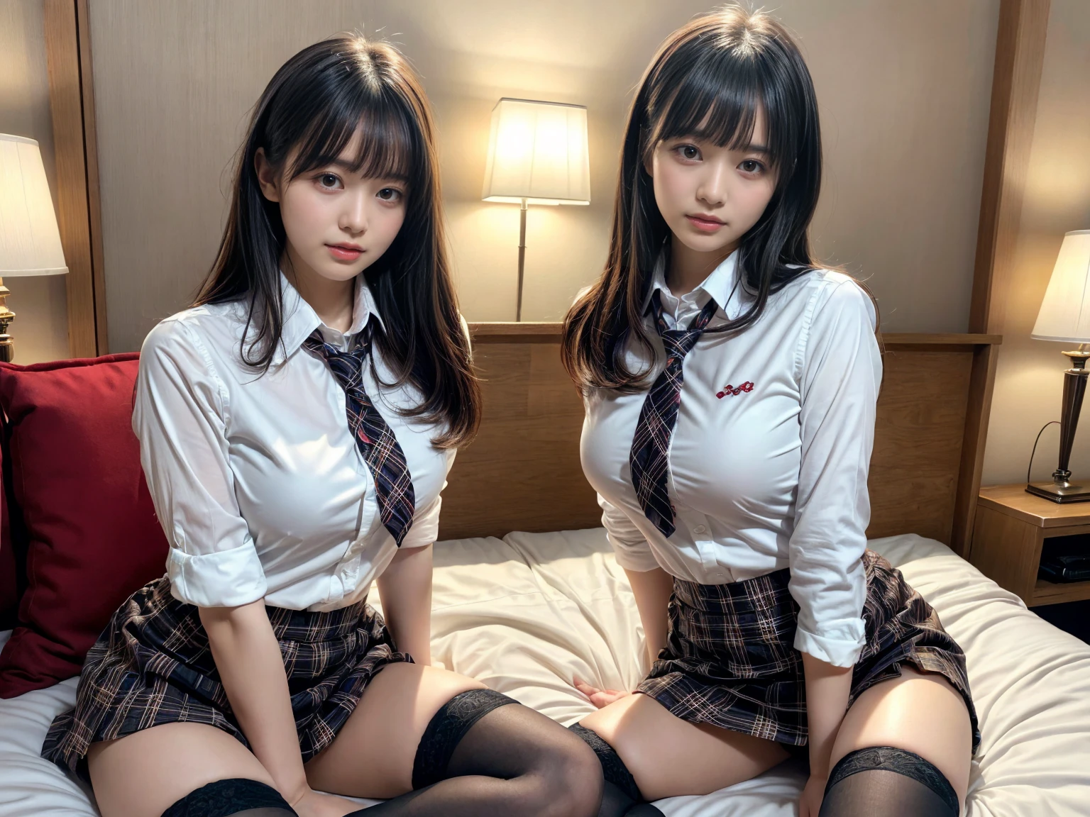 masterpiece, best quality, illustration, Super detailed, fine details, High resolution, 8K,wall paper, perfect dynamic composition,(Details High quality, realistic depiction of eyes:1.3), (3 girls), (white school shirt :1.2), (plaid skirt :1.3), tie black, black thigh-high stockings, sitting, open legs, short bob hair, in a hotel room in the background, deep on field, large breasts, black hair color, Big Natural Color Lip, (perfect body shape), crying a little、Harajuku style、20 year old girl、cute type、beautiful legs, Gravure Idol