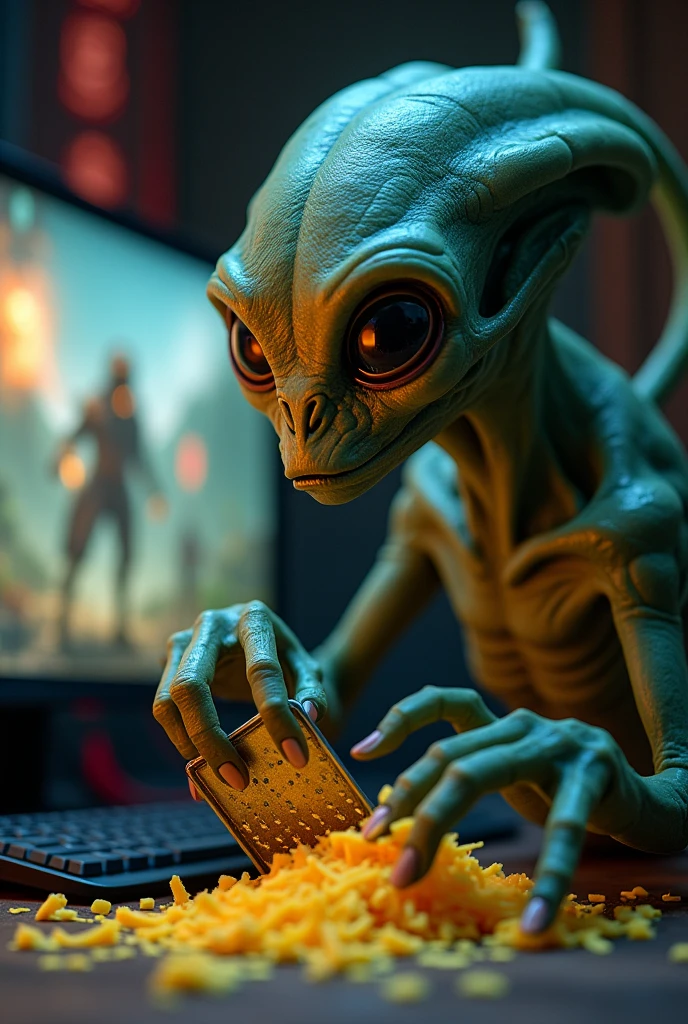 Alien grating cheese sitting in front of a PC watching League of Legends
