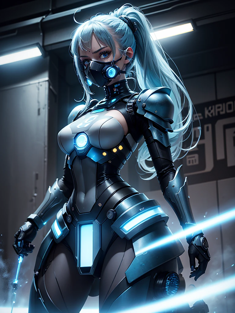 View from below angle from below girl mecha half cyborg, modifications, with long blue hair, with blue eyes, with a gas mask on his face, cybernetic suit blue, costume parts with blue lights and LEDs, a multitude of glowing blue lights, hands prosthetics, gorgeous figure, short sports shorts that highlight her big wide hips, small breasts but they are covered by a mechanical suit, flat horizon photo, the background of the image is blue sky, clouds and lights and glare in large quantities, and also blue fog and smoke