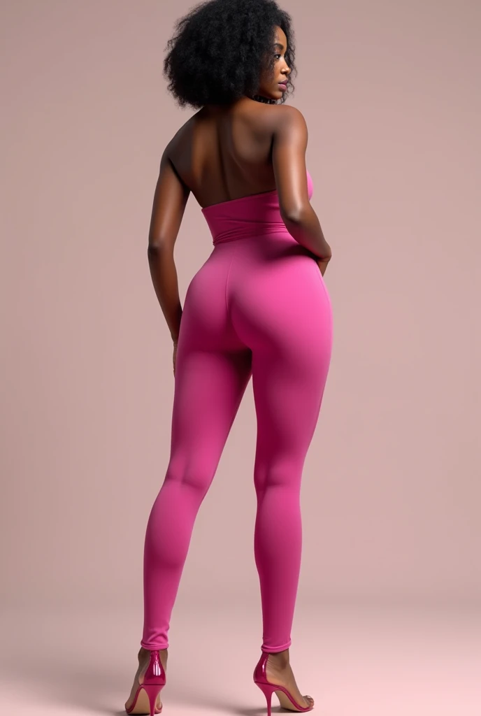 Curved with moderately big hips African lady wearing pink tights with flat tummy facing forward
