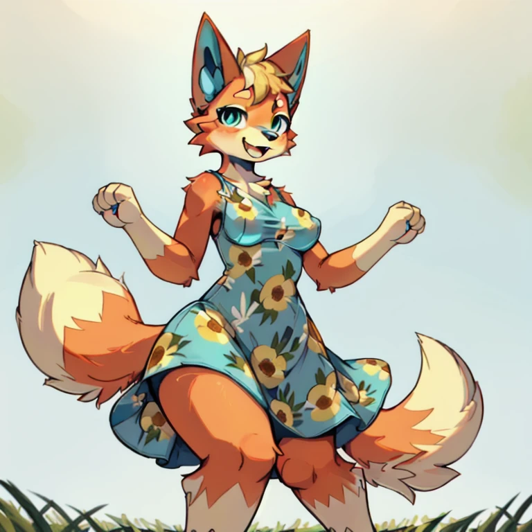(best quality, masterpiece:1), furry female anthro audie wolf girl, solo, standing, flower dress, dancing, wolf tail, medium breasts, smile, open mouth, looking at viewer, (tall grass meadow background:1.0), blue sky