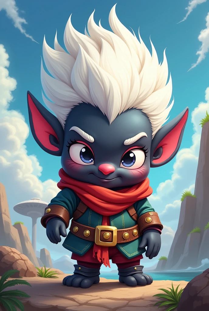 I need a Gnome with black skin and white hair, rpg character, cartoon art